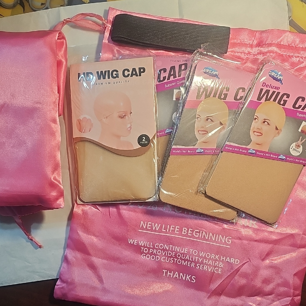 Wig Cap Set with Pink Satin Bag